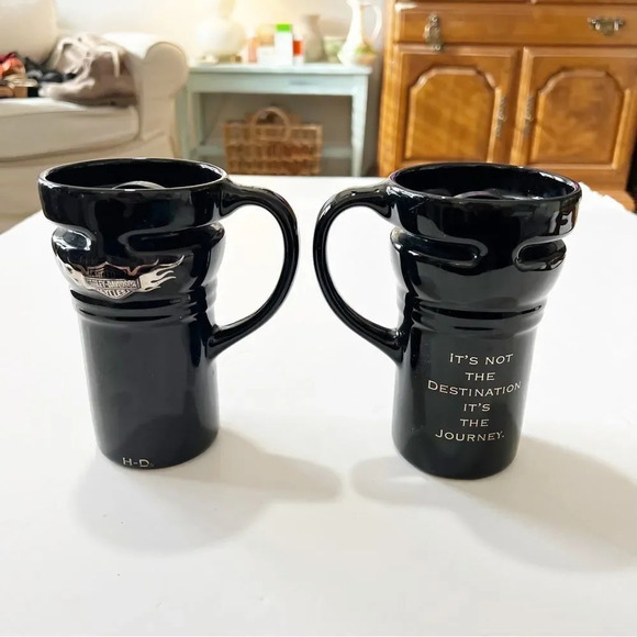 Harley Davidson Black Travel Sipper Mugs Ceramic Chrome Flame Emblem Set of Two - Picture 2 of 10